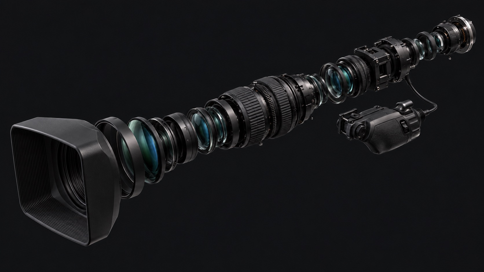 Exploded broadcast lens — concept visualization